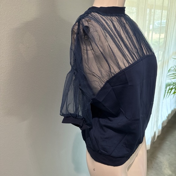 NWTElegant Navy Sheer Yoke High neck line puff sleeve super soft stretch bottom - Picture 3 of 8